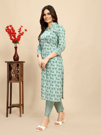 Light Blue pure Cotton leaf Printed Kurta trouser set