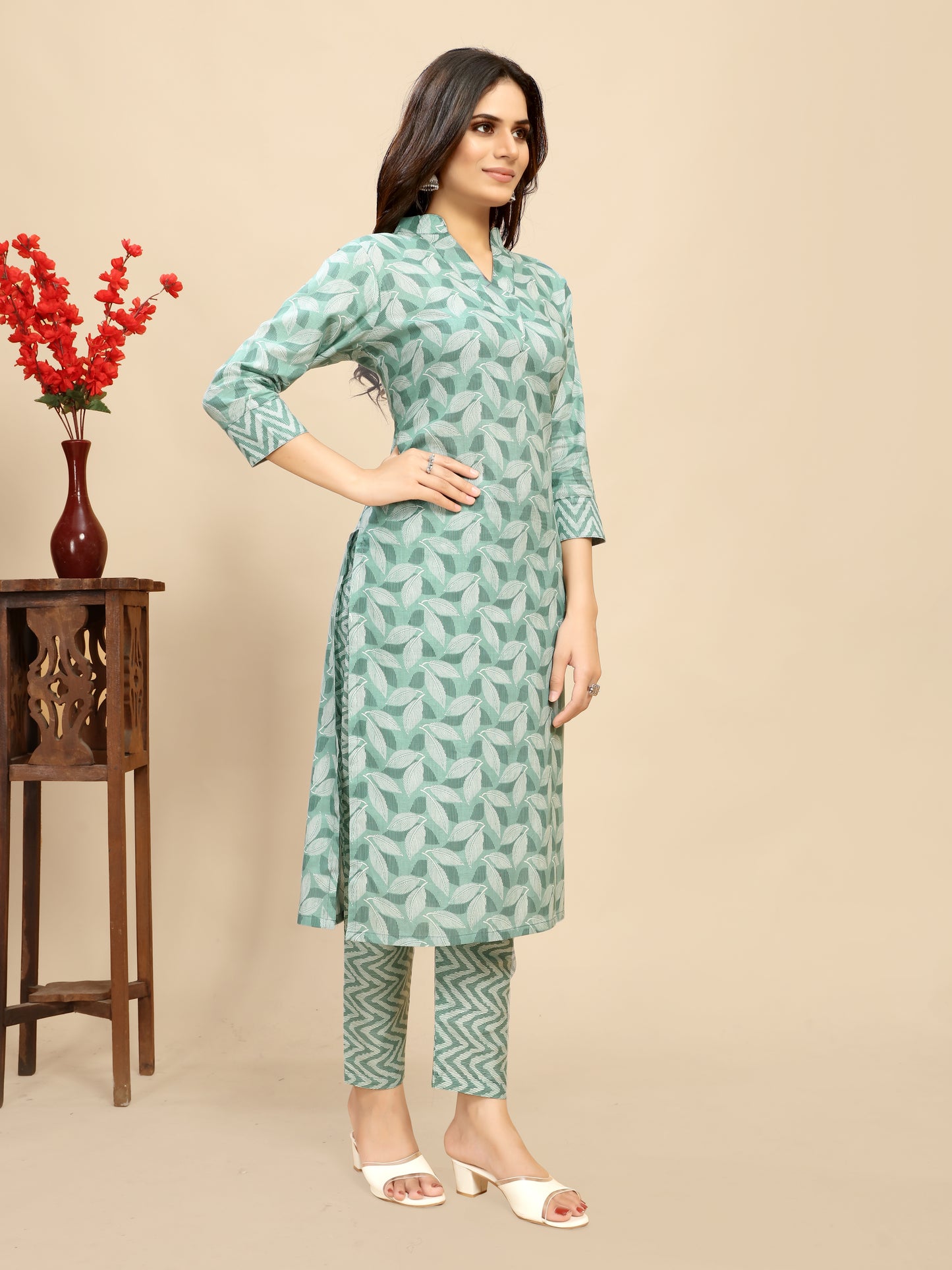 Light Blue pure Cotton leaf Printed Kurta trouser set